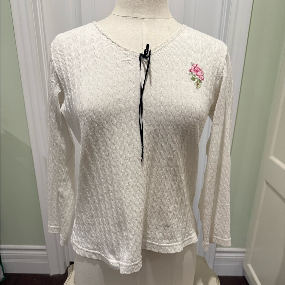 Of the Moment Women’s Sz Small White Cable Knit Long Sleeve V-Neck Pyjama Top